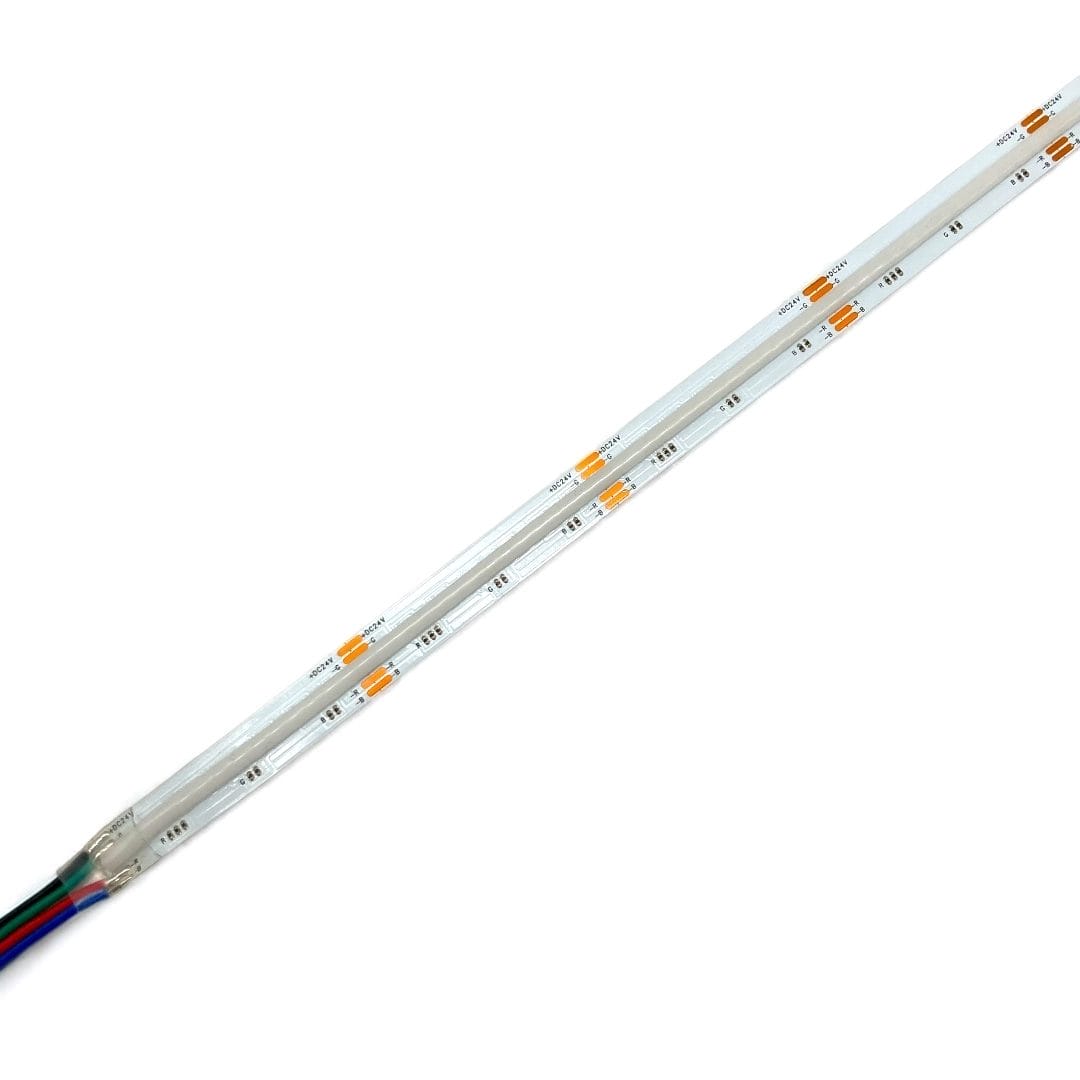 Tira LED COB RGB 10mm 24V para diseño de interiores, muebles, iluminación de gabinetes o señalización.